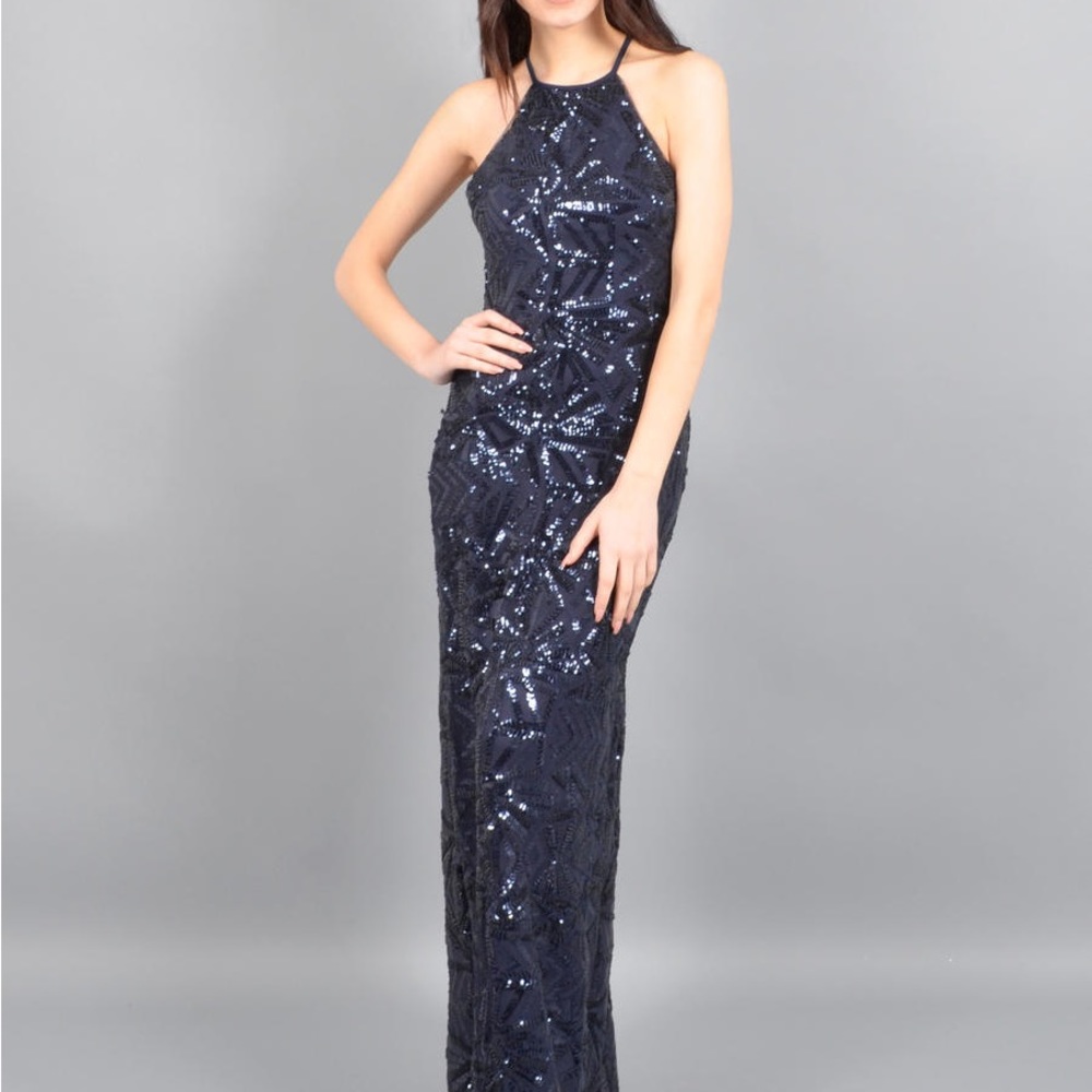 Nightway Navy Sequin Halter Gown w/ Criss Cross Back | Size 4 | NWT